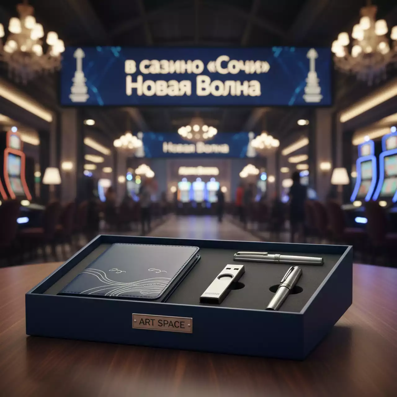 Аренда Коробка In Form с ложементом для ежедневника флешки ручки синяя в казино «Сочи» — ART SPACE