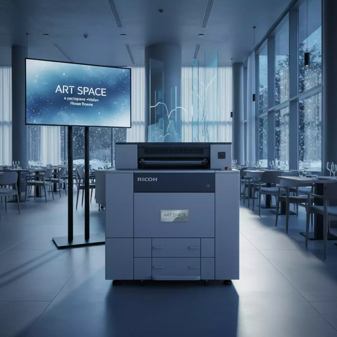 Аренда Краска серебристо синяя Ricoh DX 4640 в ресторане «Voda» — ART SPACE