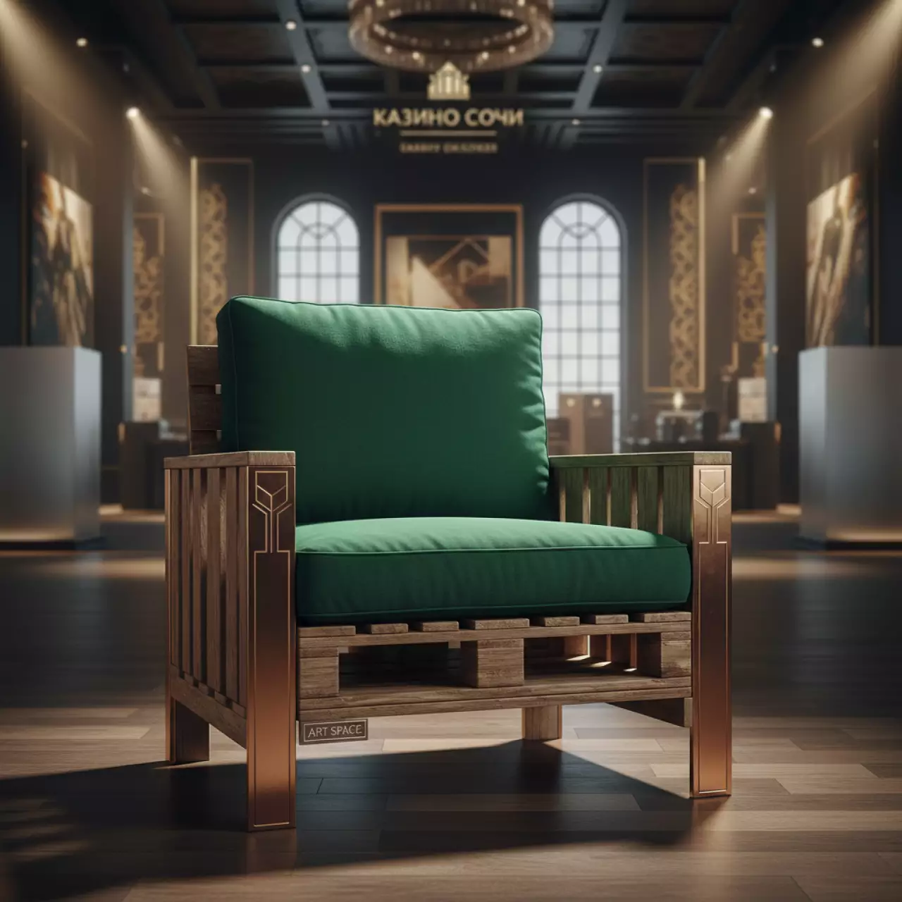 Аренда Кресла из поддонов классик с зеленой подушкой в казино «Сочи» — ART SPACE