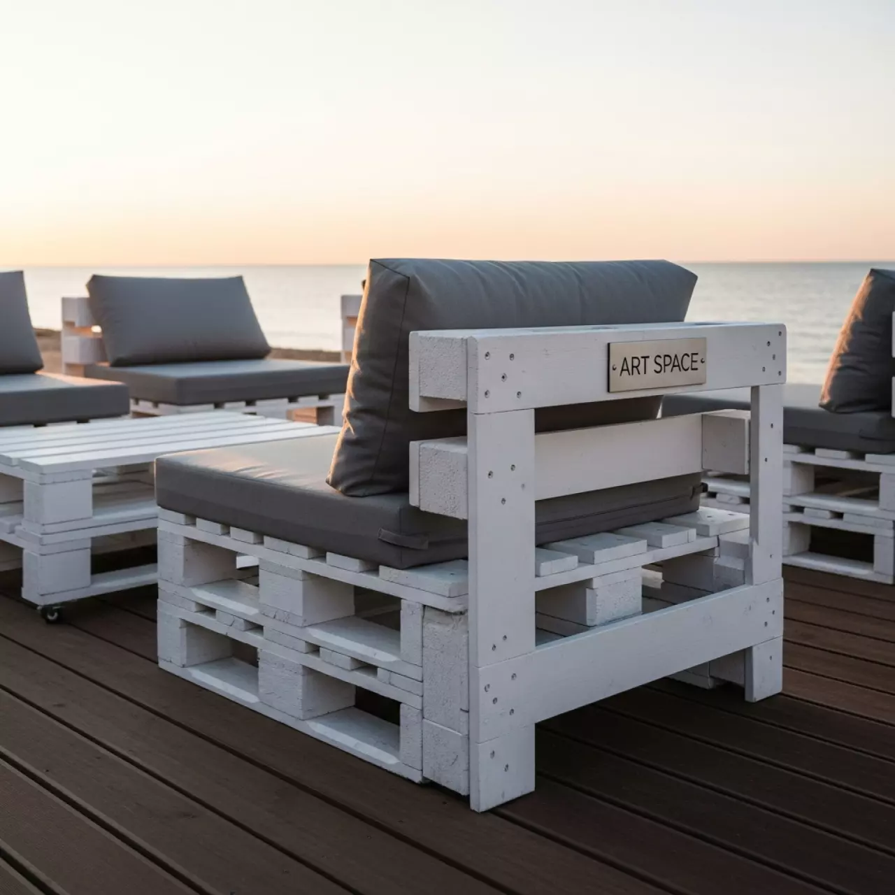 Аренда Кресла паллетные белые со съемной спинкой 70x83x71 см на пляже «Маяк» — ART SPACE