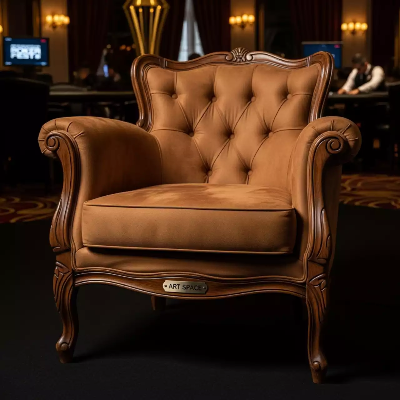 Аренда Кресло Барон замша баффало браун старинный орех в казино «Сочи» — ART SPACE