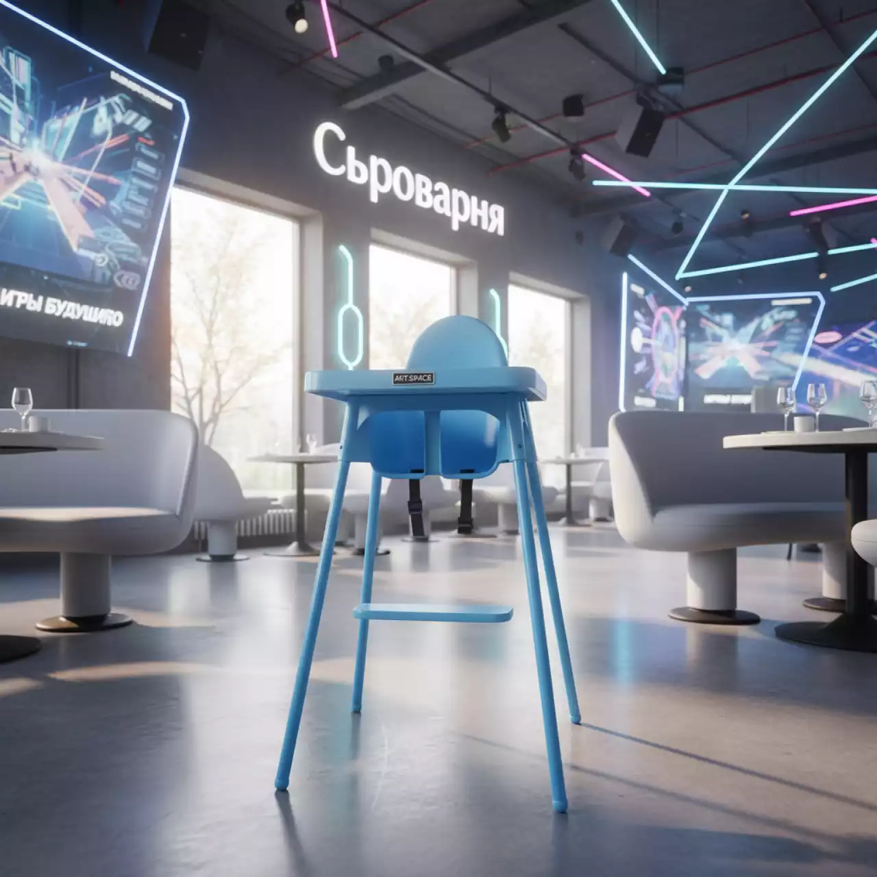 Аренда Кресло детское с подставкой для ног голубое Scuttle в ресторане «Сыроварня» — ART SPACE