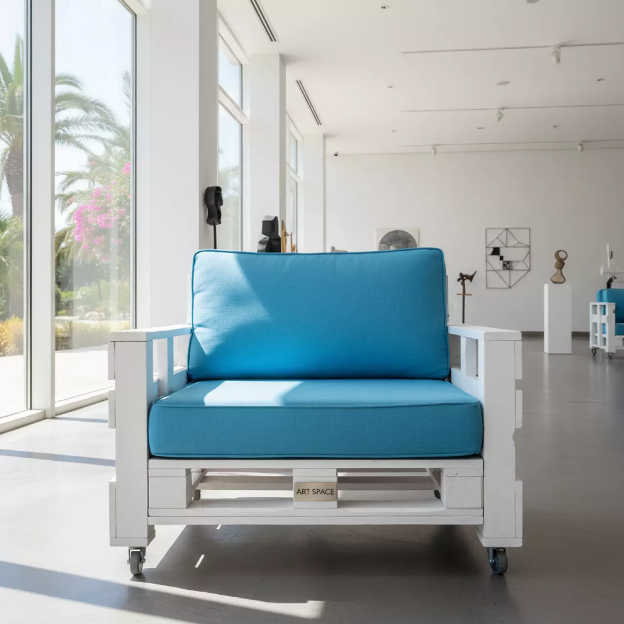 Аренда Кресло из белых паллет с голубыми подушками в Karat Resort — ART SPACE