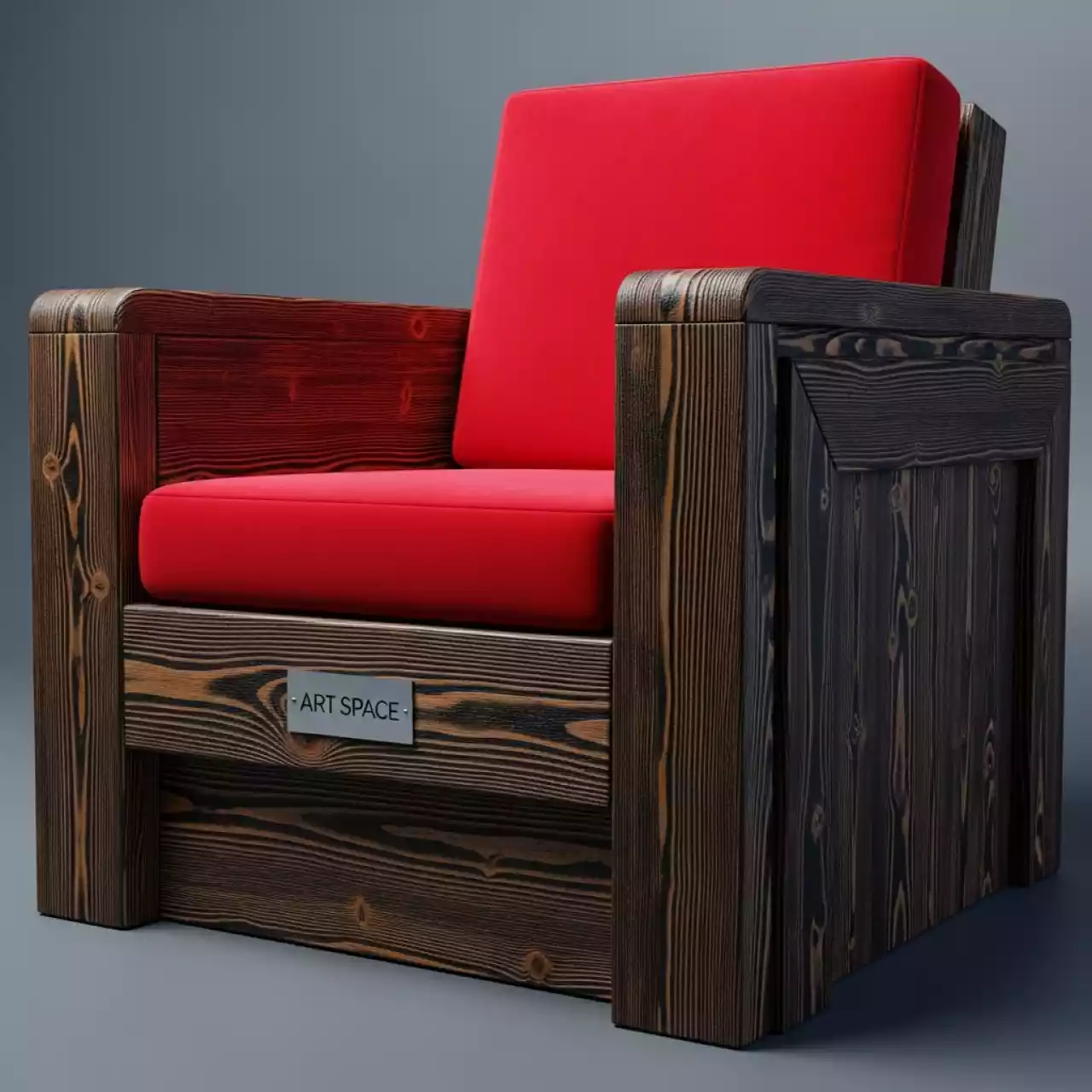Аренда Кресло из обожженного дерева с красной подушкой в ледовом дворце «Большой» — ART SPACE