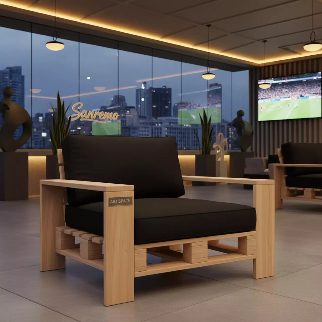 Аренда Кресло из паллет натурального цвета с черными подушками в ресторане «Sanremo» — ART SPACE