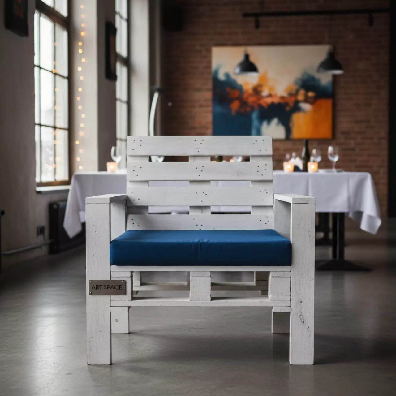 Аренда Кресло из поддонов белое с синей подушкой в ресторане «Магеллан» — ART SPACE