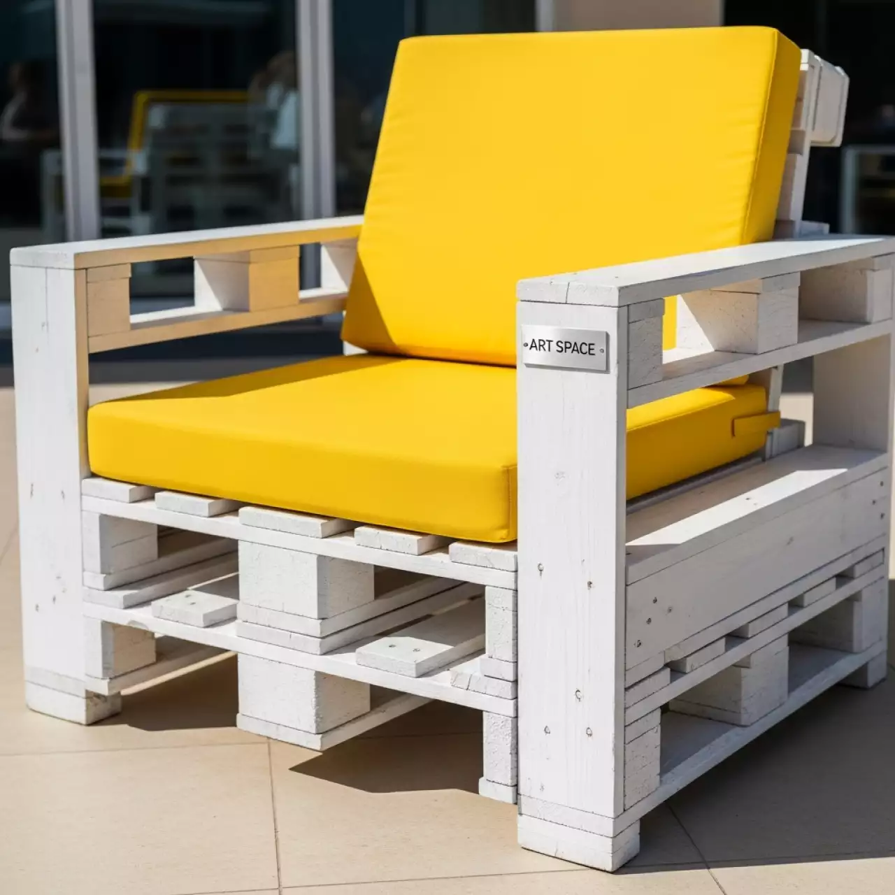 Аренда Кресло из поддонов белое с желтой подушкой в Novotel Resort — ART SPACE