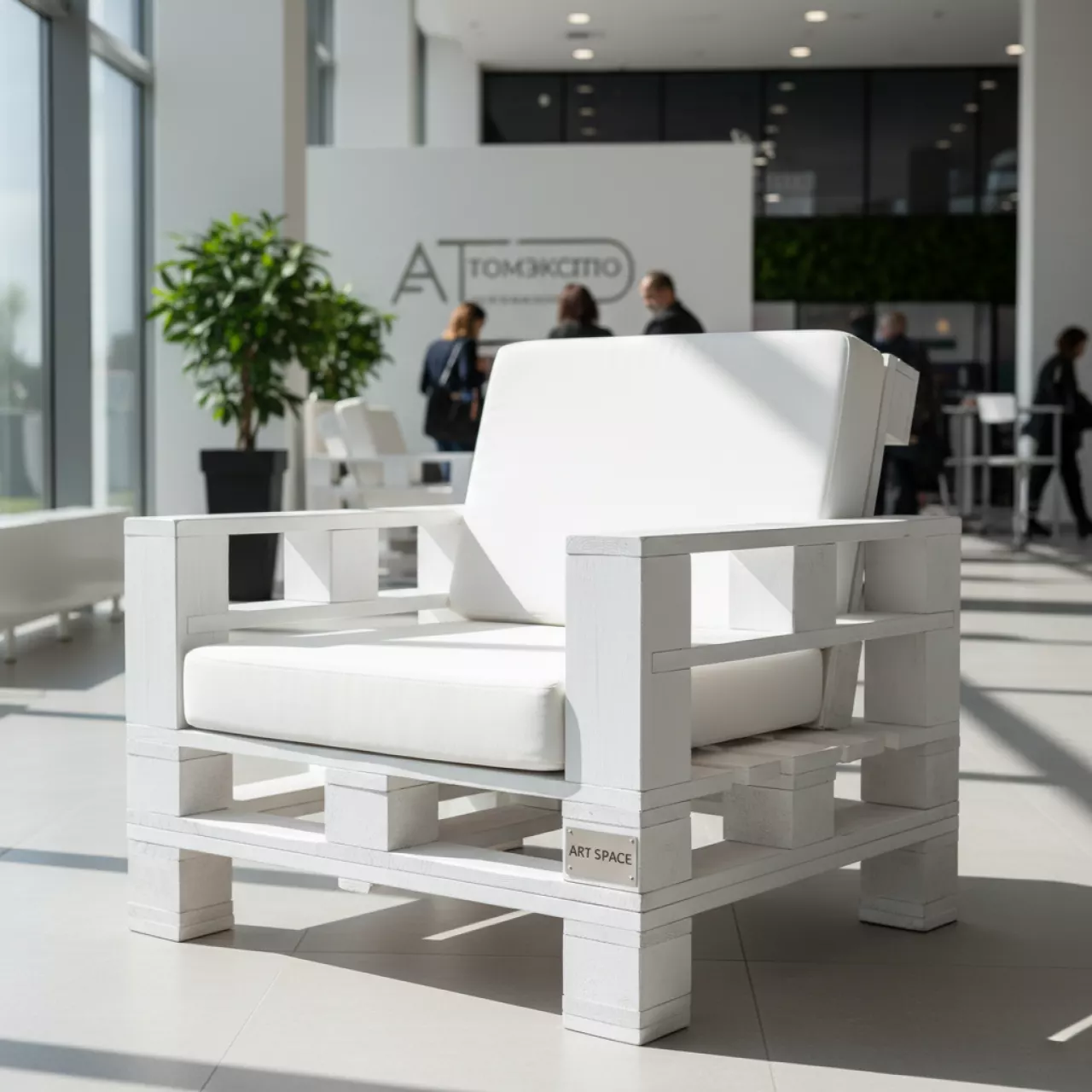 Аренда Кресло из поддонов классик белое с белой подушкой в Stella di Mosca — ART SPACE