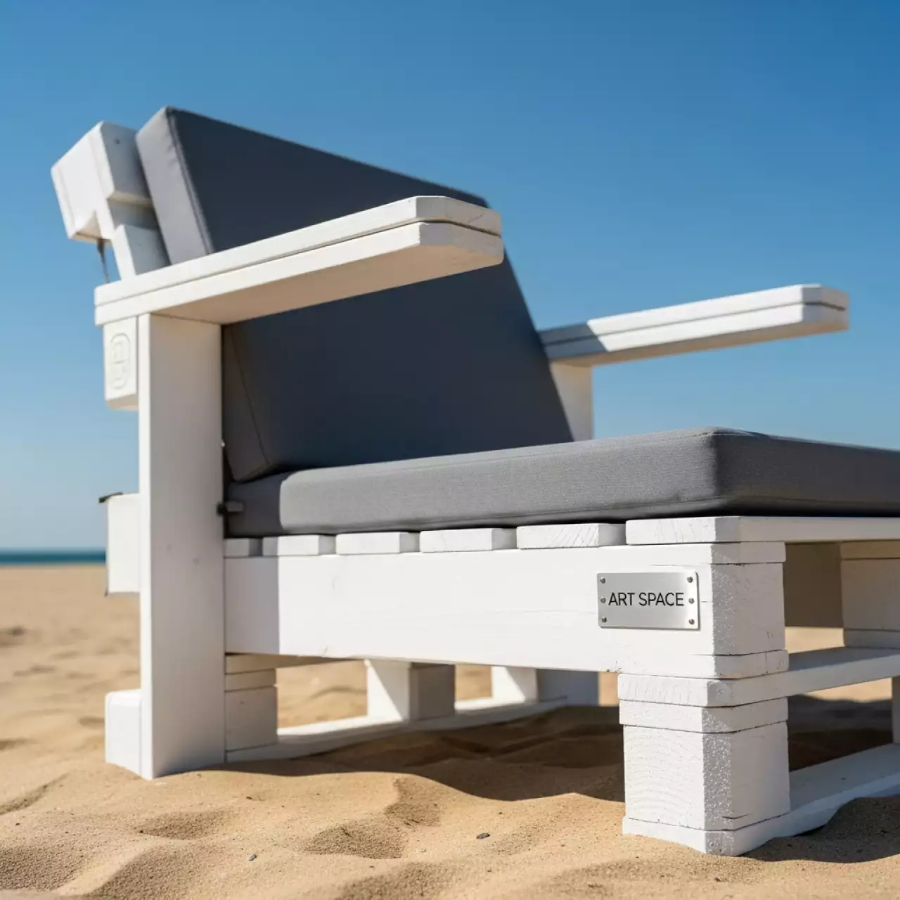 Аренда Кресло из поддонов классик белое с серой подушкой на пляже «Маяк» — ART SPACE
