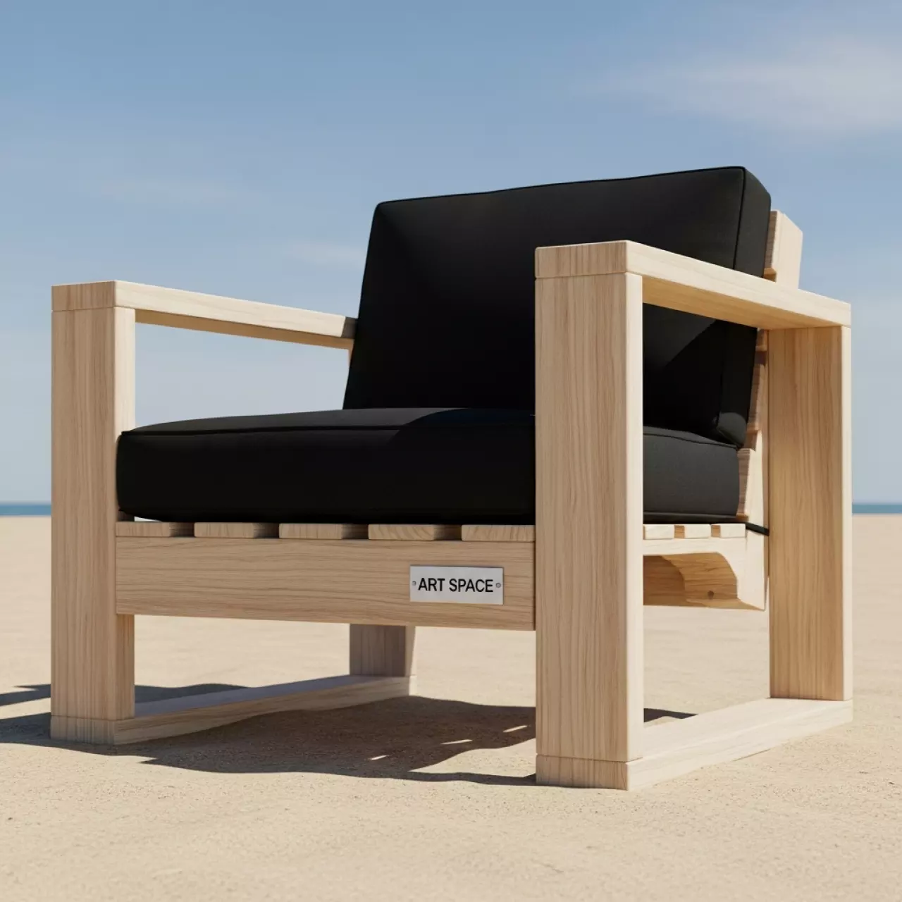 Аренда Кресло из поддонов классик деревянное с черной подушкой на пляже «Ривьера» — ART SPACE