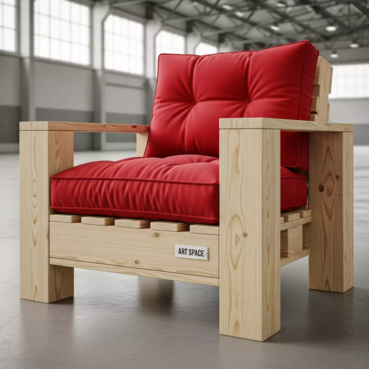 Аренда Кресло из поддонов классик деревянное с красной подушкой в банкетном зале «Дельфин» — ART SPACE