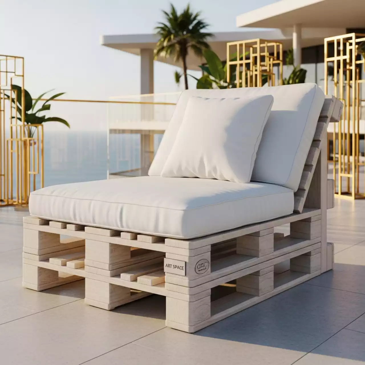 Аренда Кресло из поддонов классик с белой подушкой в комплексе Sea Galaxy — ART SPACE