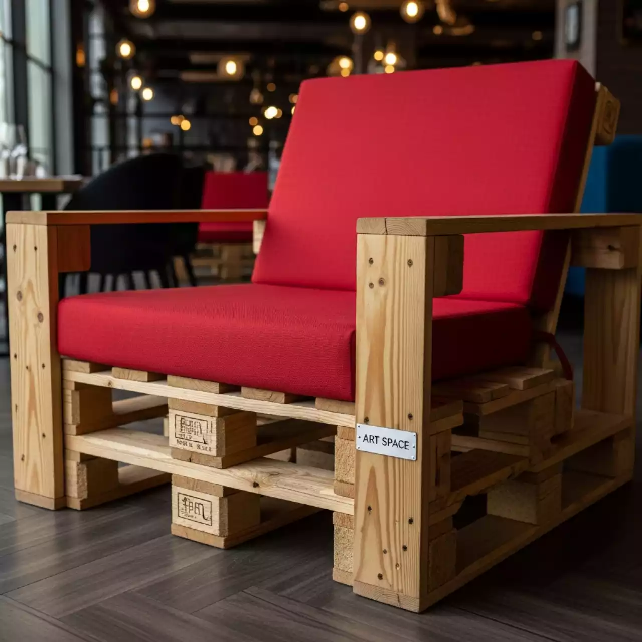 Аренда Кресло из поддонов классик с красной подушкой в ресторане «Sanremo» — ART SPACE