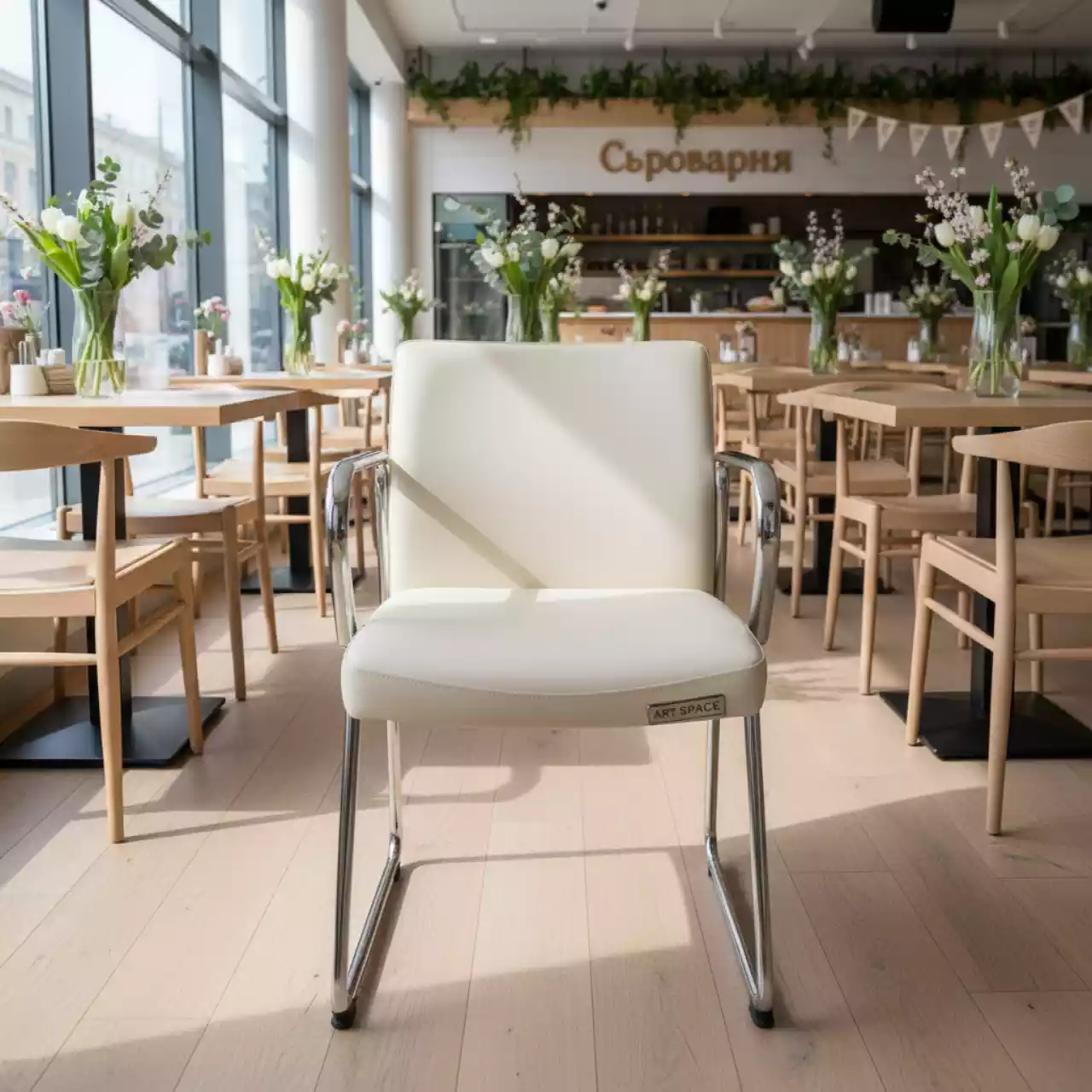 Аренда Кресло офисное Самба экокожа Galaxy Cream каркас хром в ресторане «Сыроварня» — ART SPACE