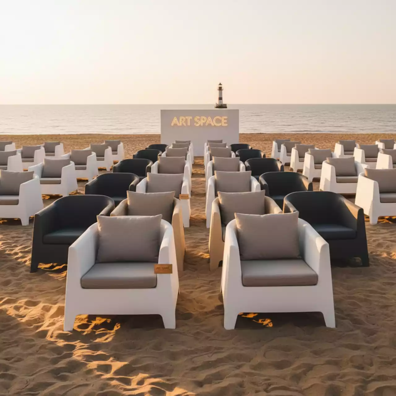 Аренда Кресло пластиковое Portofino с подушками белое бежевое темно серое на пляже «Маяк» — ART SPACE