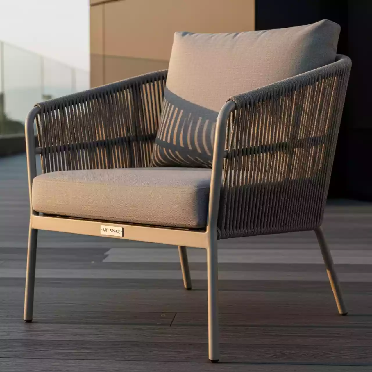 Аренда Кресло плетеное из роупа Касабланка каркас алюминий светло серый роуп серо коричневый ткань Neo ash в гранд-отеле «Жемчужина» — ART SPACE