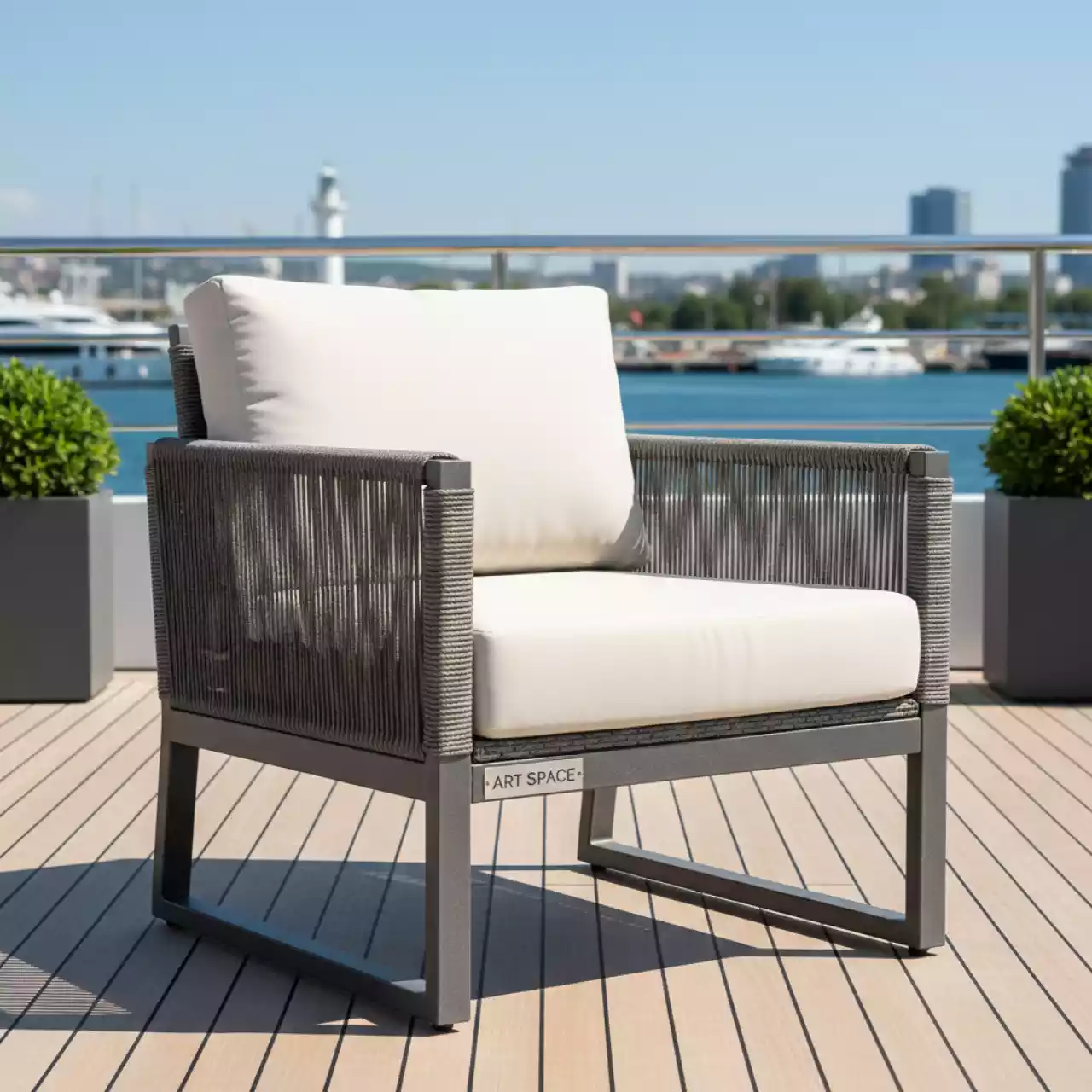 Аренда Кресло плетеное Palermo серый с подушками на VIP теплоходе (Морпорт Сочи) — ART SPACE