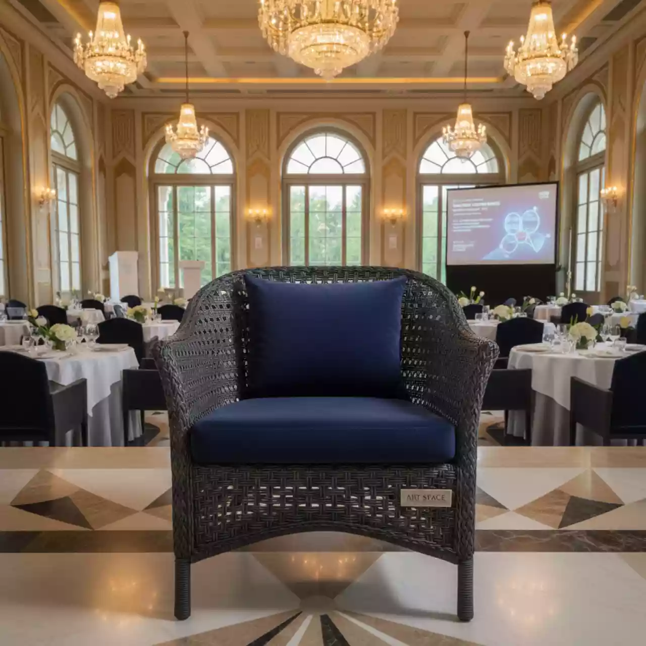 Аренда Кресло плетеное с подушкой Ralph Nightfall в банкетном зале «Дельфин» — ART SPACE