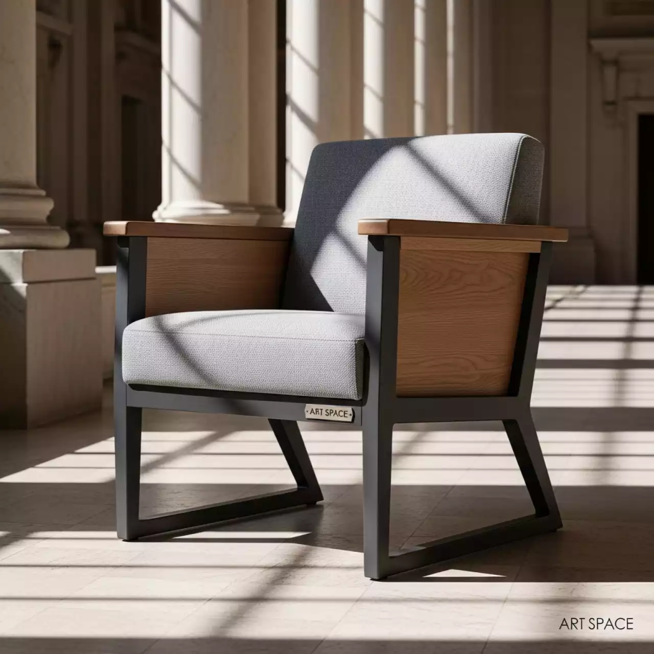 Аренда Кресло Quadro темно алюминиевый каркас ясень дуб мореный ткань Calista 10 серый в Зимнем театре — ART SPACE