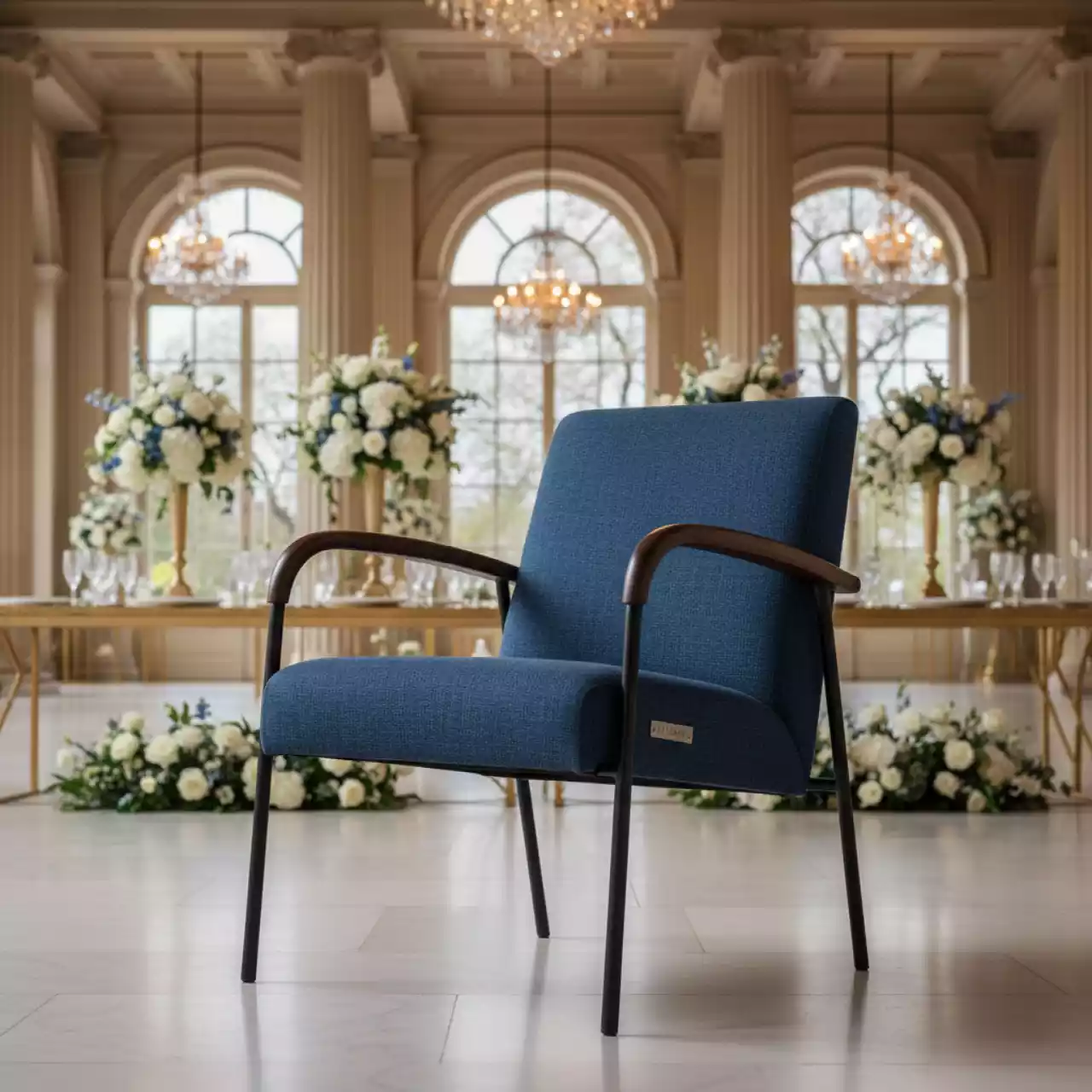 Аренда Кресло Quadro темно алюминиевый каркас ясень дуб мореный ткань Calista 8 синий в санатории «Металлург» — ART SPACE