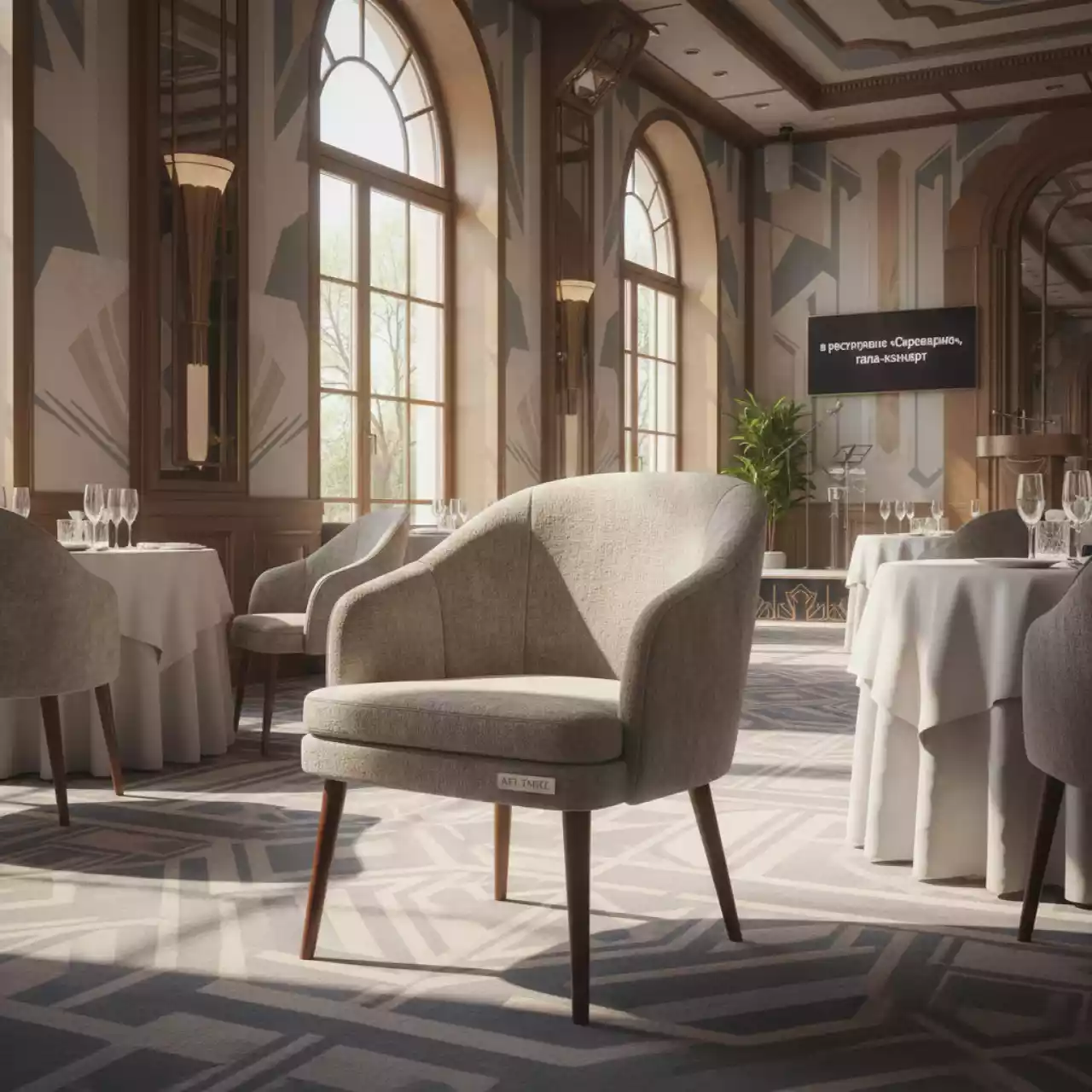 Аренда Кресло Теллинг шенилл серо бежевое в ресторане «Сыроварня» — ART SPACE