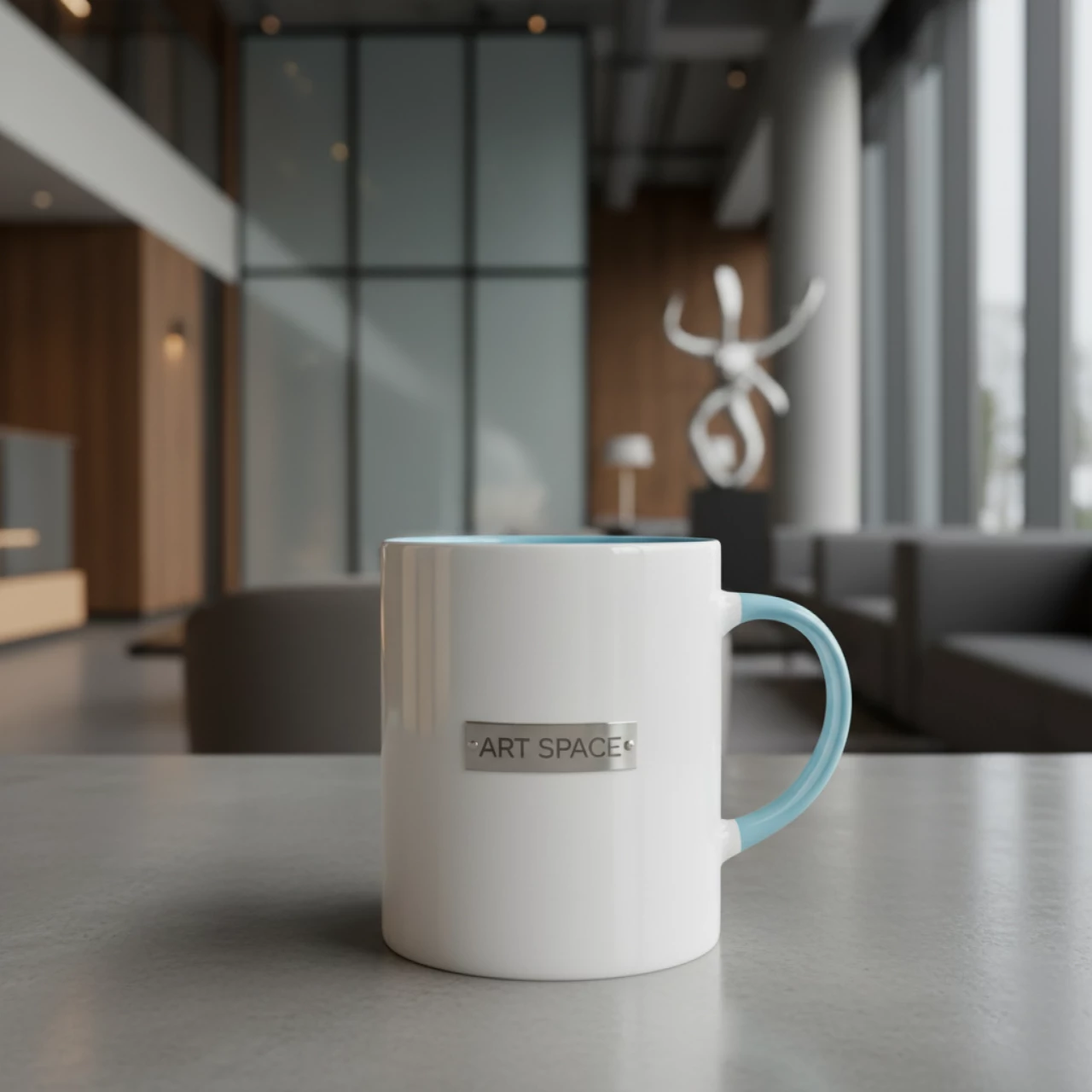 Аренда Кружка для сублимации белая прямая с голубой заливкой и ручкой в Green Flow Hotel — ART SPACE