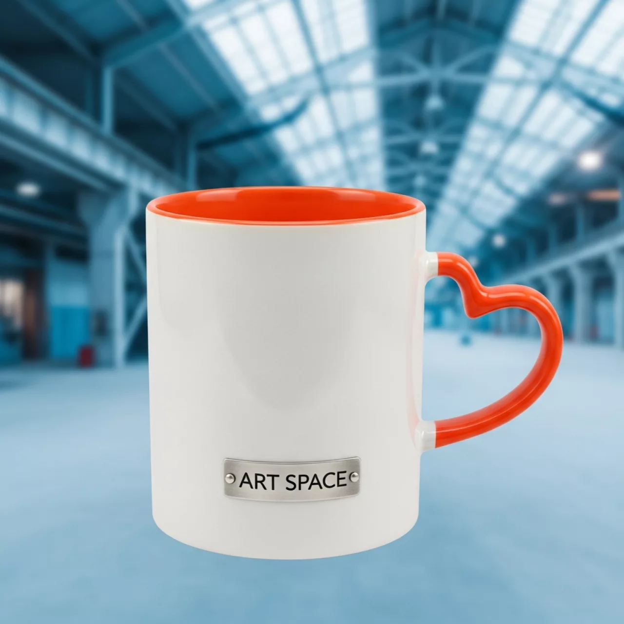 Аренда Кружка для сублимации белая прямая с оранжевой заливкой и ручкой в виде сердца в Ледовом дворце «Айсберг» — ART SPACE