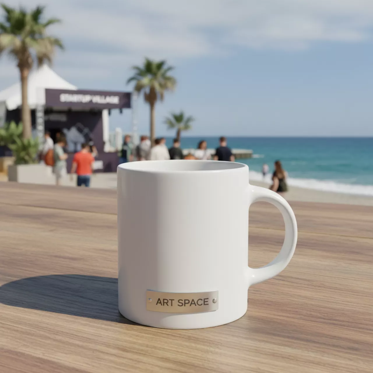 Аренда Кружка для сублимации прямая белая с фигурной ручкой на пляже «Ривьера» — ART SPACE