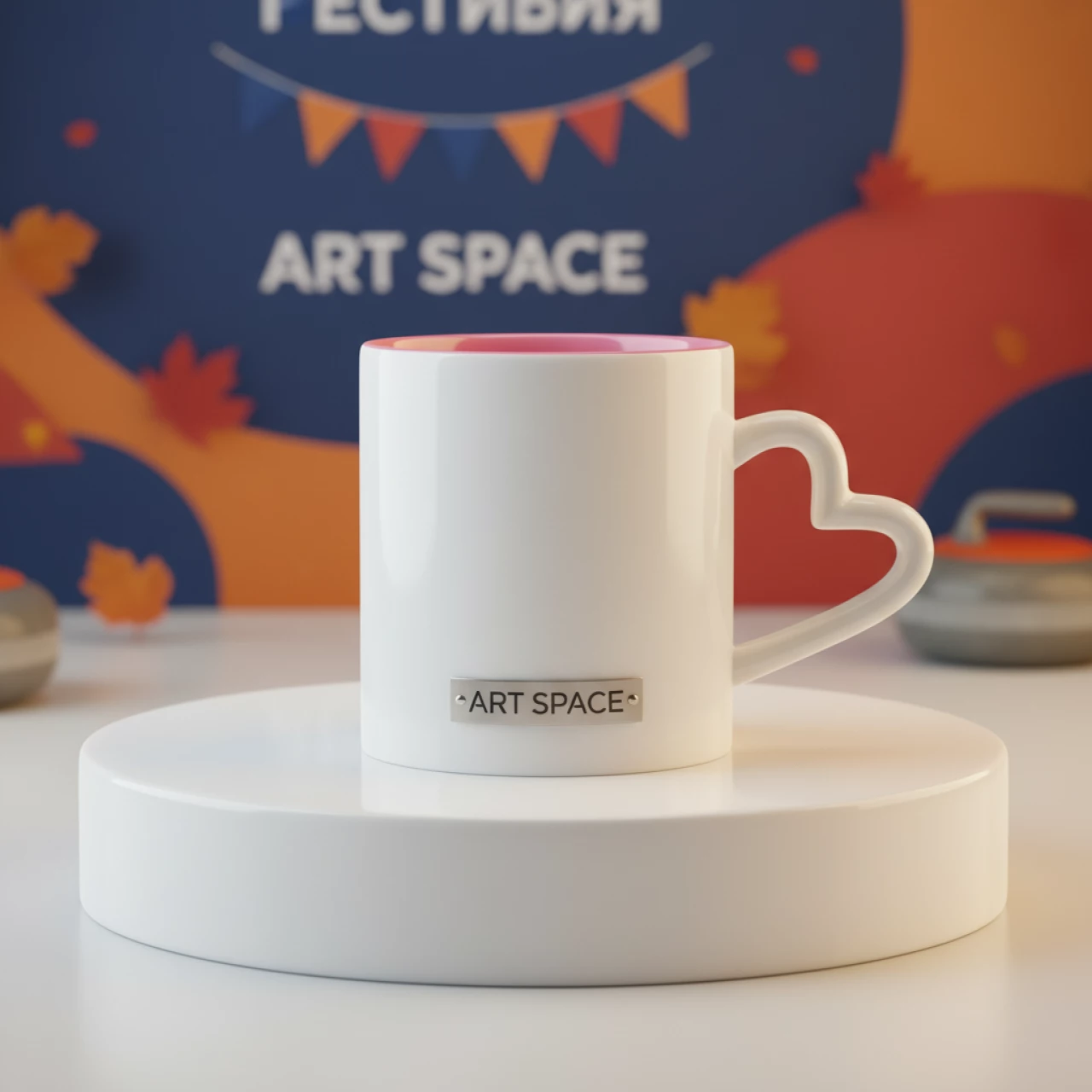 Аренда Кружка для сублимации прямая белая с розовой заливкой и фигурной ручкой в виде сердца в Керлинговом центре «Ледяной куб» — ART SPACE