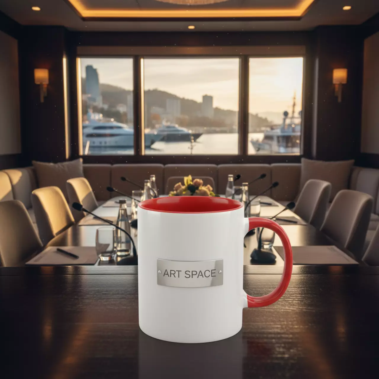 Аренда Кружки для сублимации белой прямой с красной заливкой и ручкой на VIP теплоходе (Морпорт Сочи) — ART SPACE