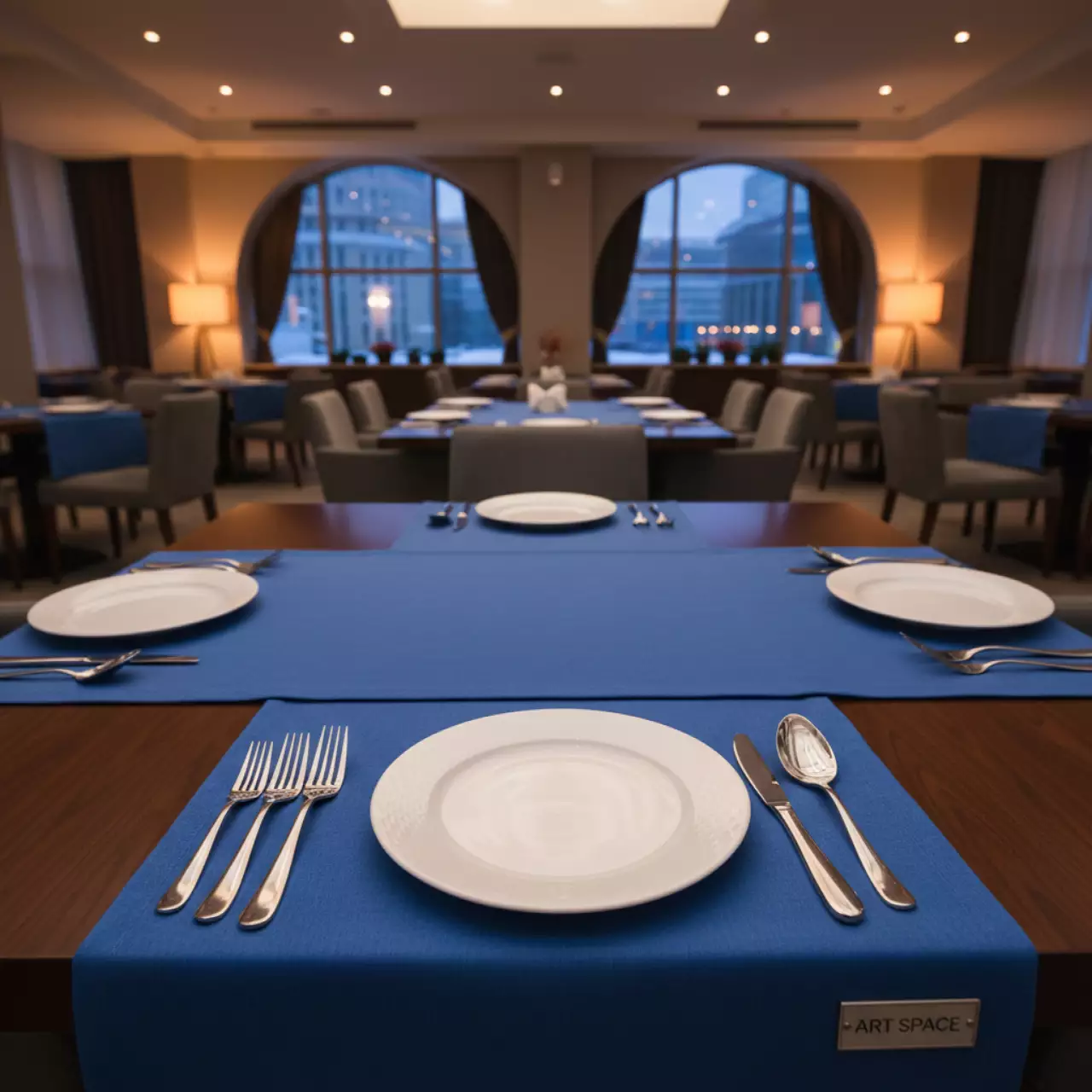 Аренда Куверт журавинка на 3 прибора гладь васильковый в ресторане «Паруса» — ART SPACE