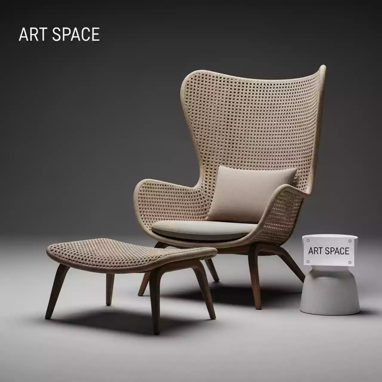 Аренда Лаунж кресло плетеное с высокой спинкой и пуфом Mali в санатории «Октябрьский» — ART SPACE