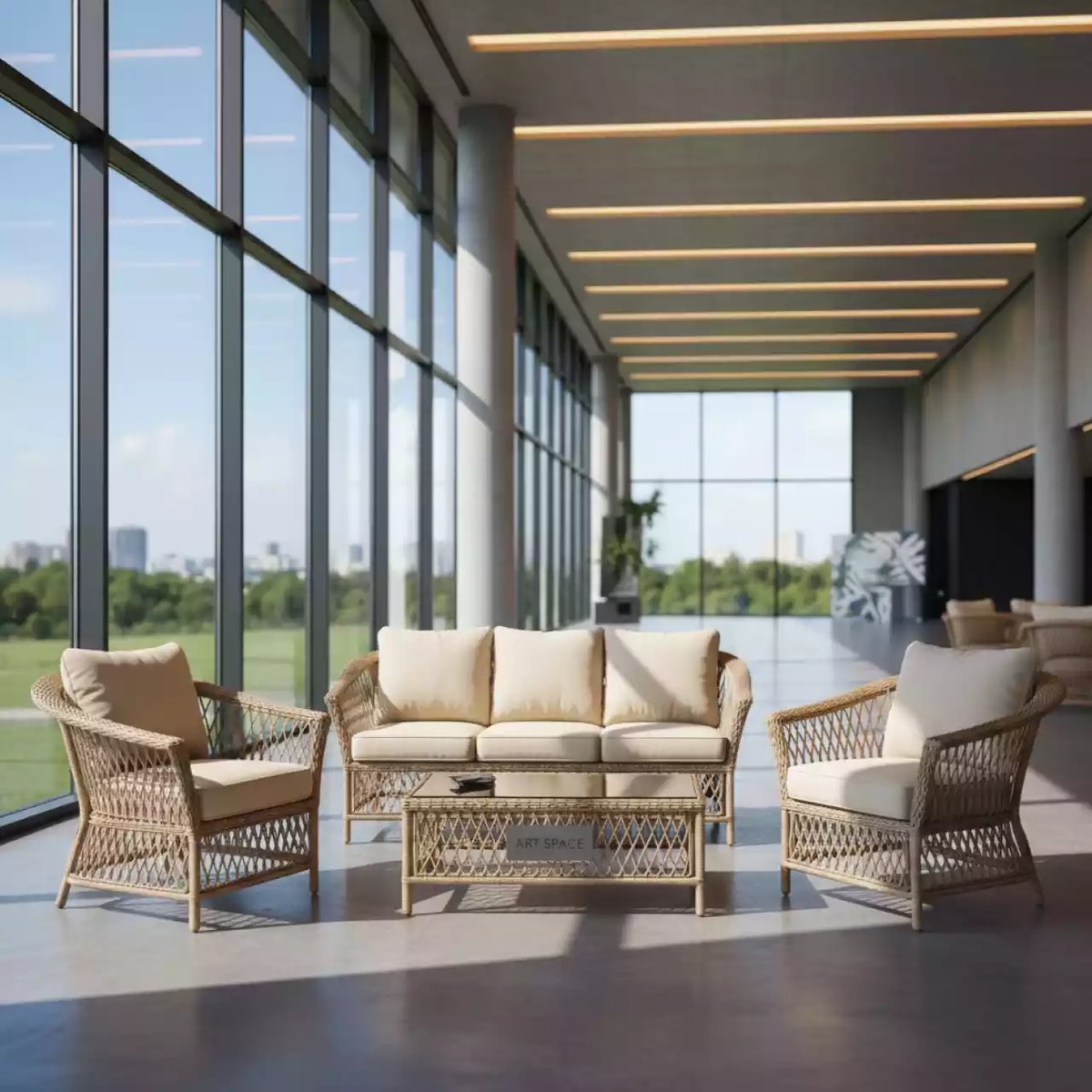 Аренда Лаунж зона Асти бежевая искусственный ротанг на 6 персон в Omega Sirius — ART SPACE