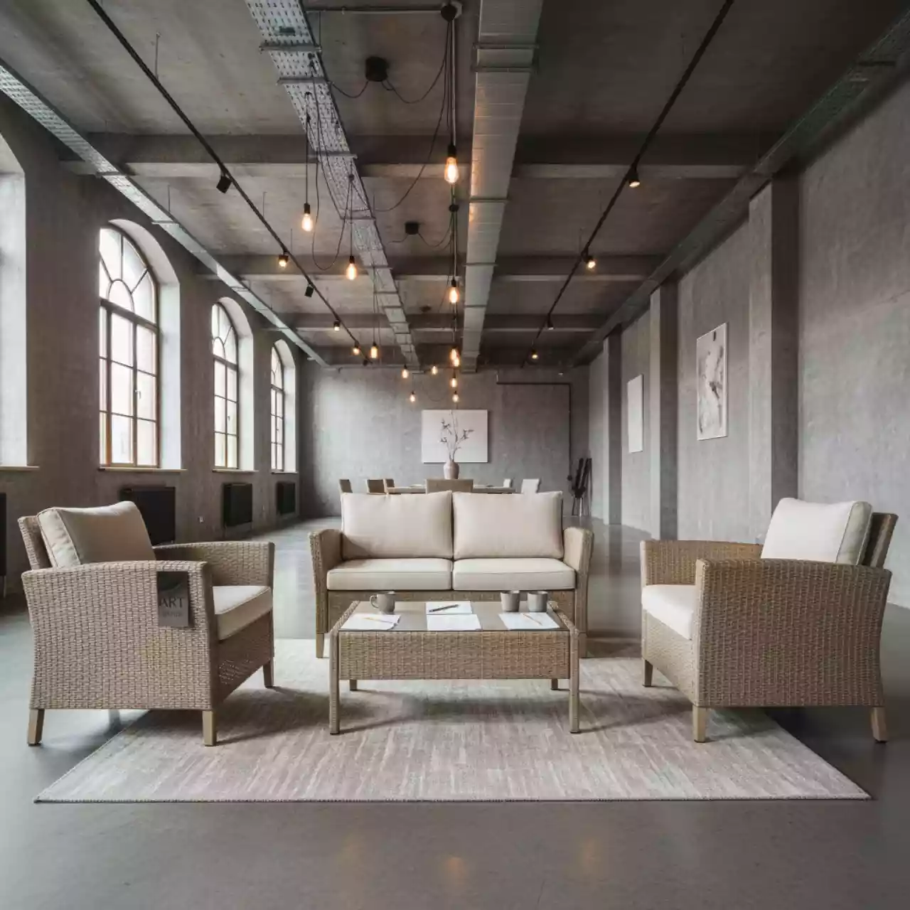 Аренда Лаунж зона Асти бежевая из искусственного ротанга на 4 персоны в лофте «Студия 21» — ART SPACE