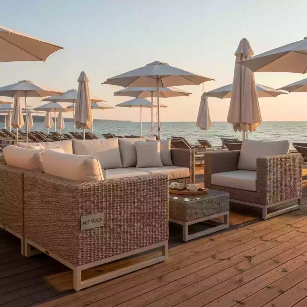 Аренда Лаунж зона Асти из искусственного ротанга на 6 персон бежевая на пляже «Маяк» — ART SPACE