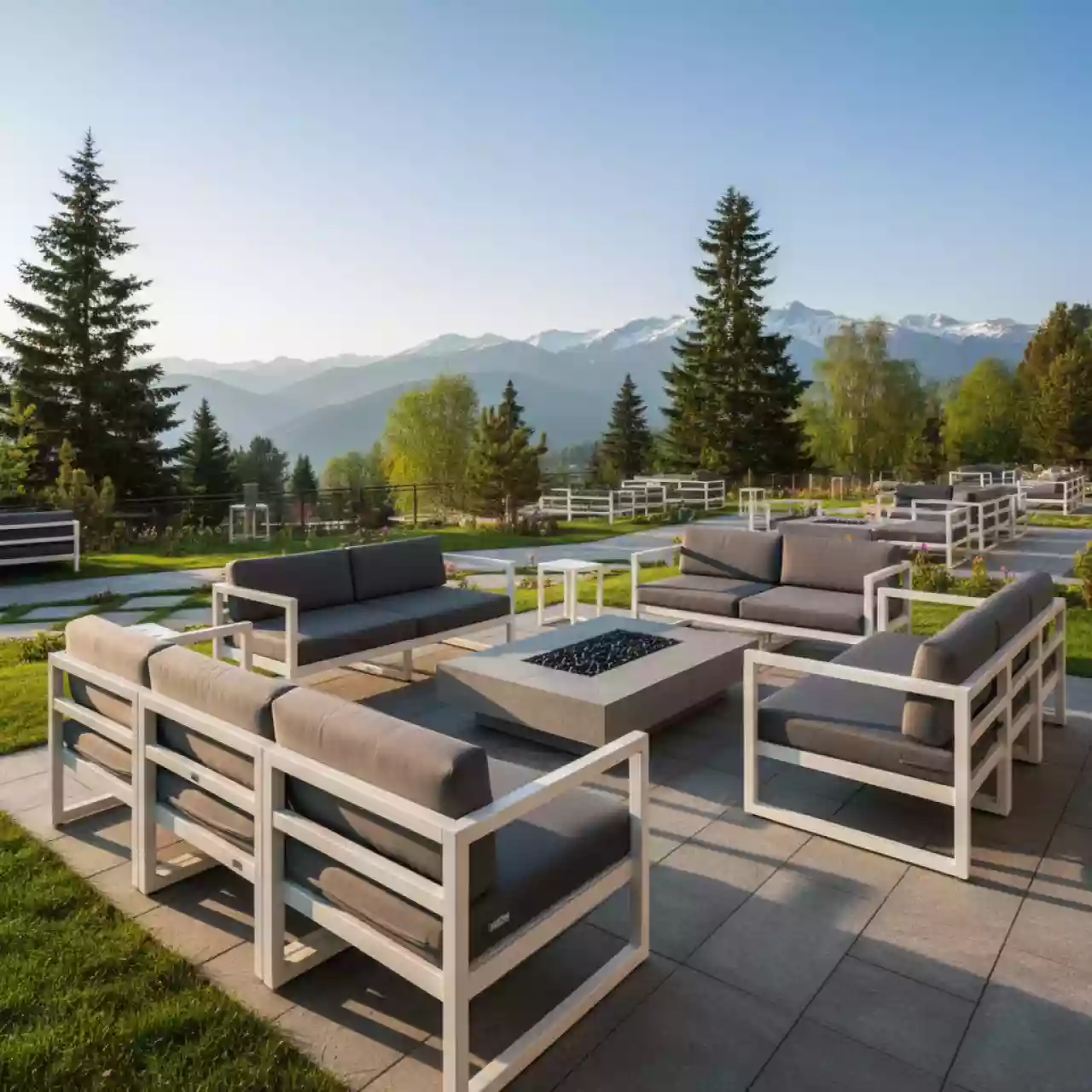 Аренда Лаунж зона Hacienda каркас белый подушки серые в Поляна 1389 Отель и Спа — ART SPACE