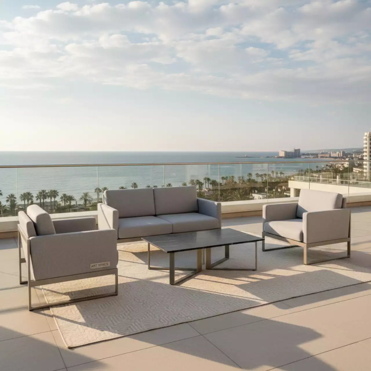 Аренда Лаунж зона Royal Family Lana L светло серая двухместный диван кресла стол в Pullman Sochi Centre — ART SPACE