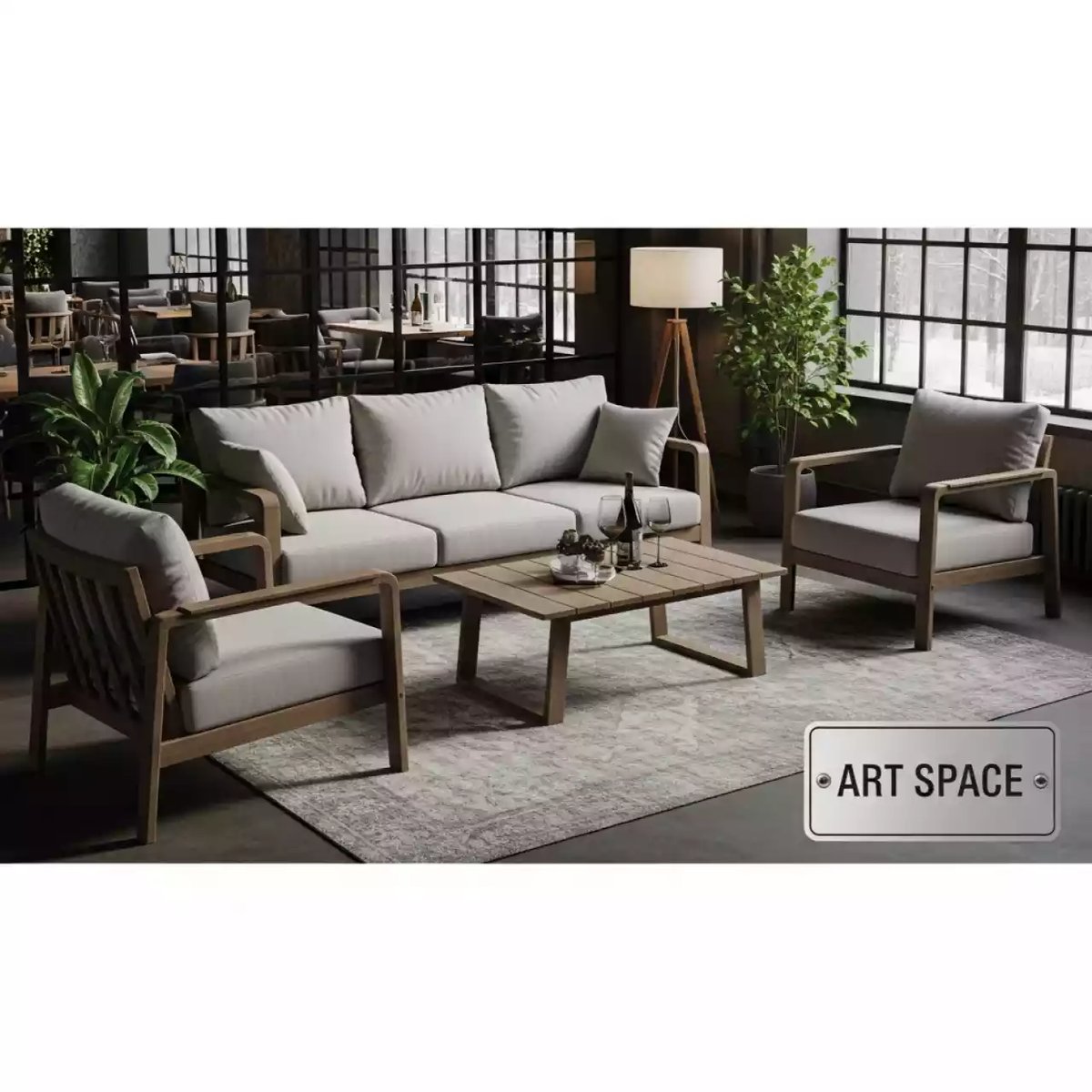 Аренда Лаунж зона Royal Family Lana XL светло серая трехместный диван кресла стол в ресторане «Паруса» — ART SPACE