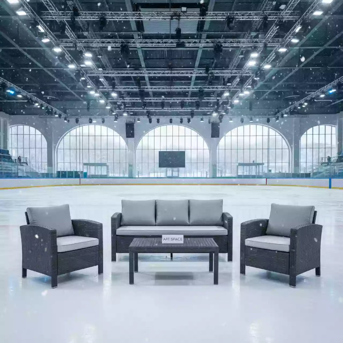 Аренда Лаунж зона Тито из искусственного ротанга серая в ледовом дворце «Большой» — ART SPACE