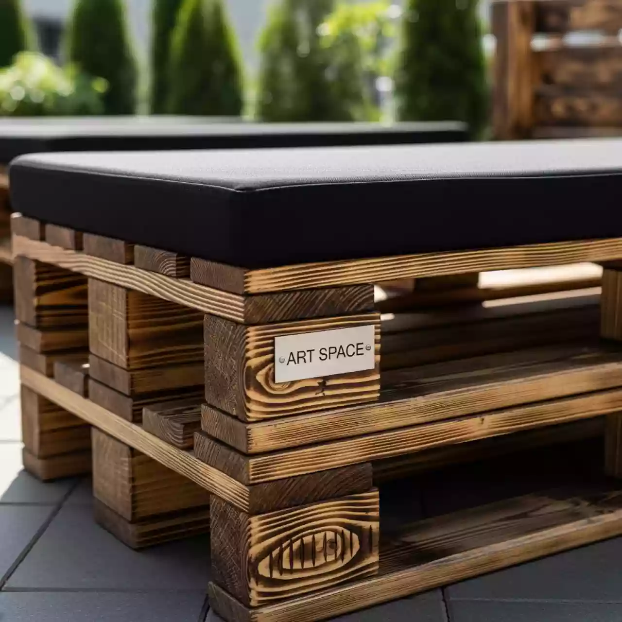 Аренда Лавки из паллет обожженное дерево с черной подушкой в санатории «Заполярье» — ART SPACE
