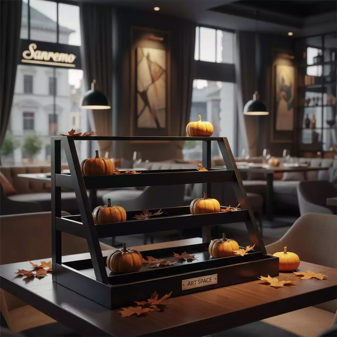 Аренда Лестница фуршетная черная 4 яруса 67х40х12 мм в ресторане «Sanremo» — ART SPACE