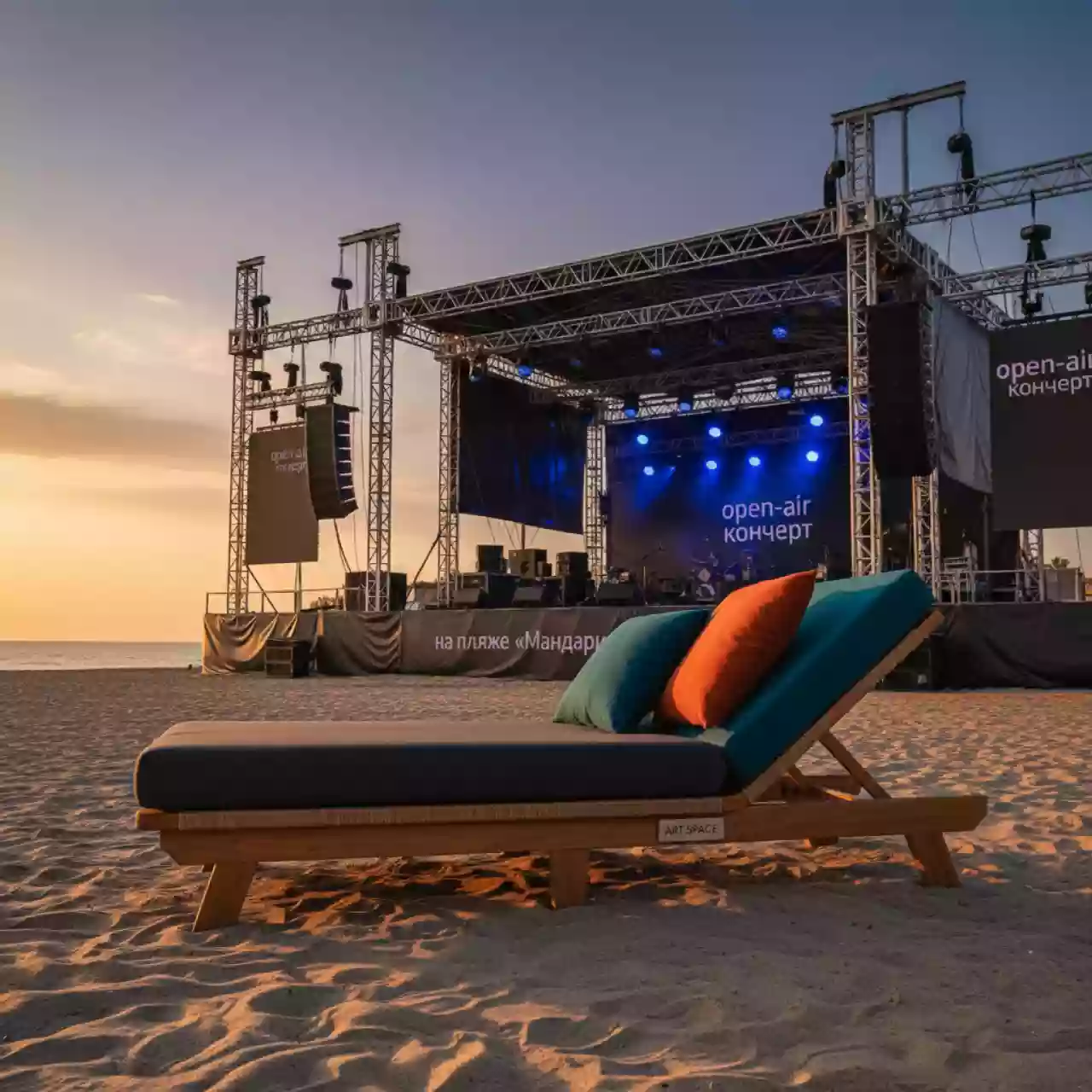Аренда Лежак плетеный деревянный с подушками Kilt на пляже «Мандарин» — ART SPACE
