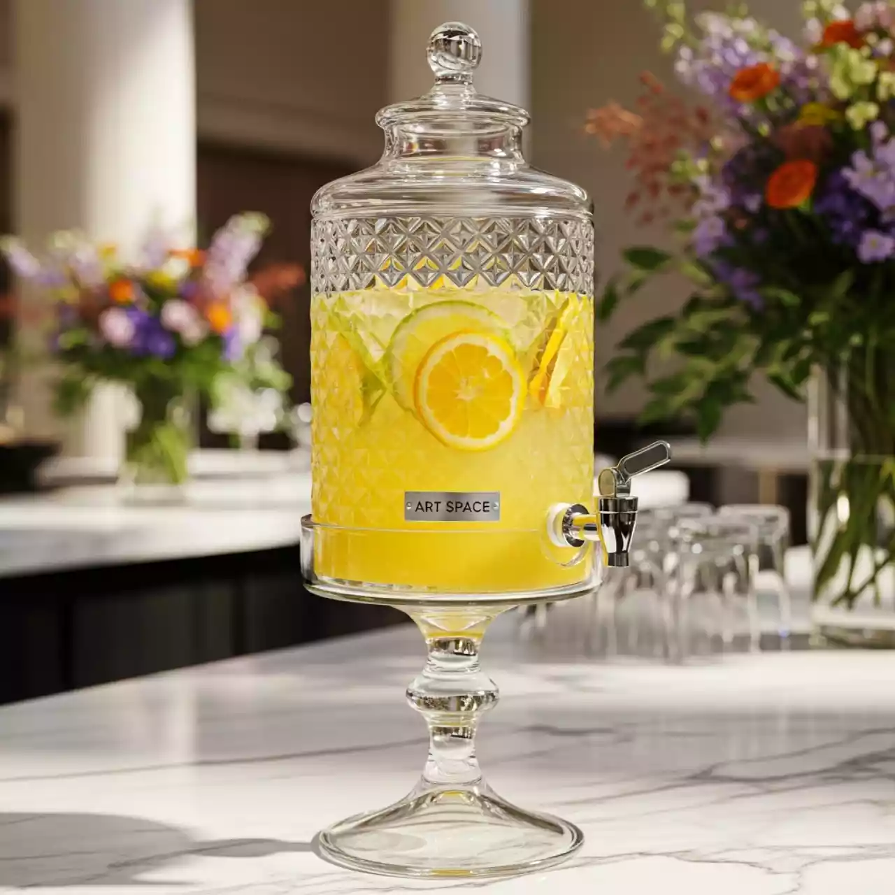 Аренда Лимонадник стеклянный на ножке Ромб 5 л высота 52 см в Radisson Collection Paradise — ART SPACE
