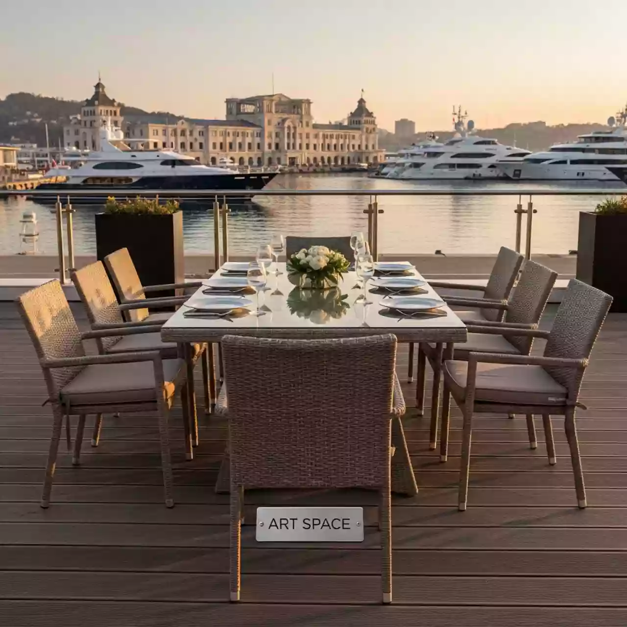 Аренда Мебельная группа Barcelona 2XL 8 персон стол 180х90 ротанг бежево коричневая на территории Морпорта Сочи — ART SPACE