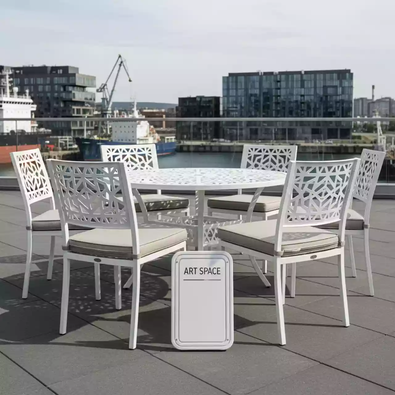 Аренда Мебельная группа белая Henry VI из литого алюминия со светло бежевыми подушками в зале «Чайка» (Морпорт) — ART SPACE