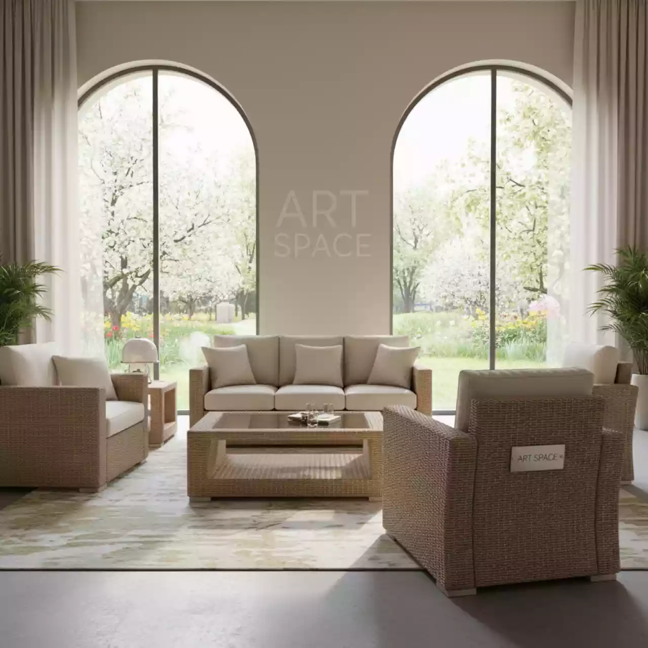 Аренда Мебельная группа Эспрессо 80 L плетеная бежевая в отеле «Богатырь» — ART SPACE