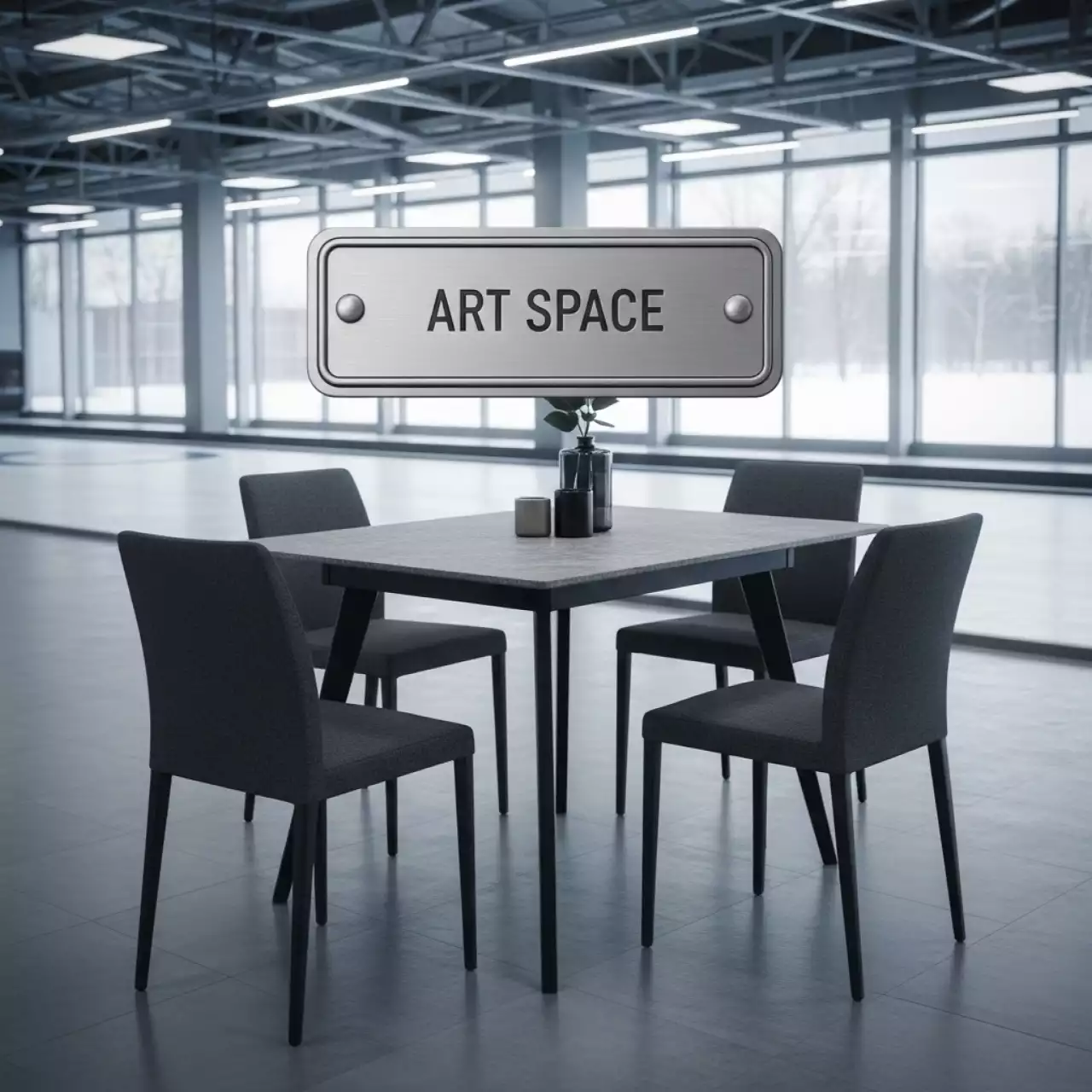 Аренда Мебельная группа Лион на 4 персоны стол серый гранит стулья темно серые в Керлинговом центре «Ледяной куб» — ART SPACE