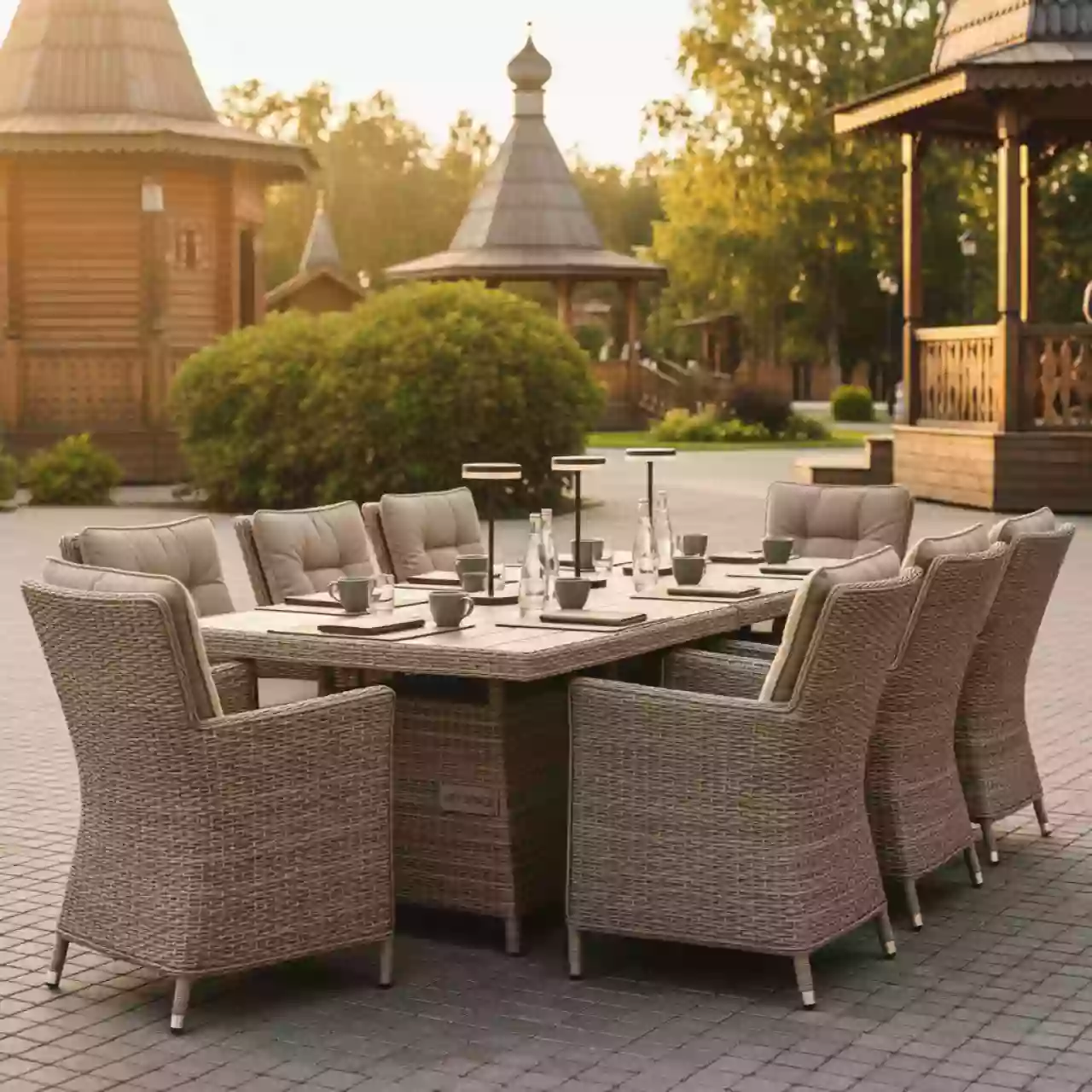 Аренда Мебельная группа Modena 2XL 8 персон стол 240х100 ротанг бежево коричневая в этно-парке «Моя Россия» — ART SPACE