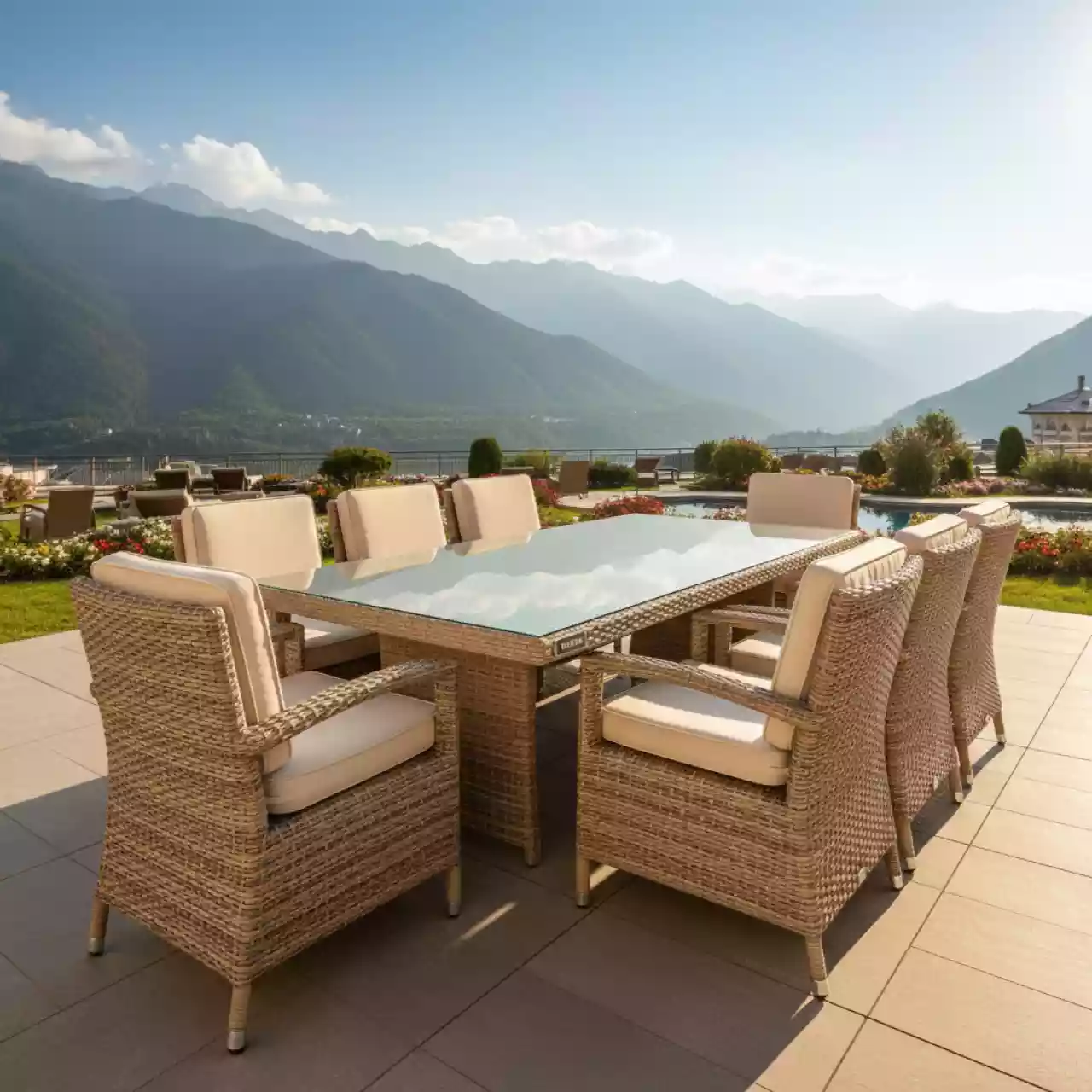 Аренда Мебельная группа Modena 2XL бежево коричневая на 8 персон стол 240х100 из искусственного ротанга в Rixos Krasnaya Polyana — ART SPACE