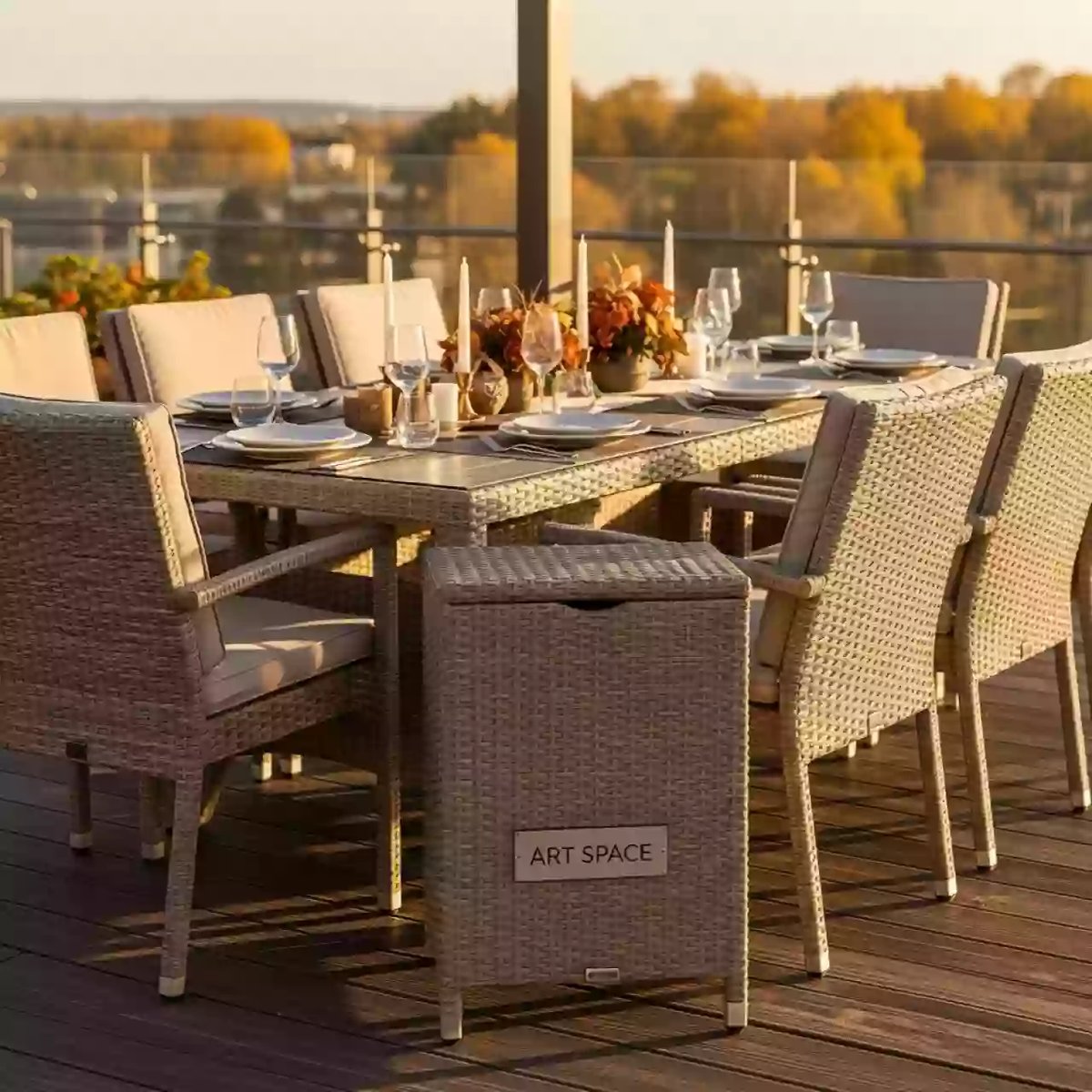 Аренда Мебельная группа Modena XL бежево коричневая на 8 персон стол 240х100 из искусственного ротанга в ресторане «La Terrazza» — ART SPACE